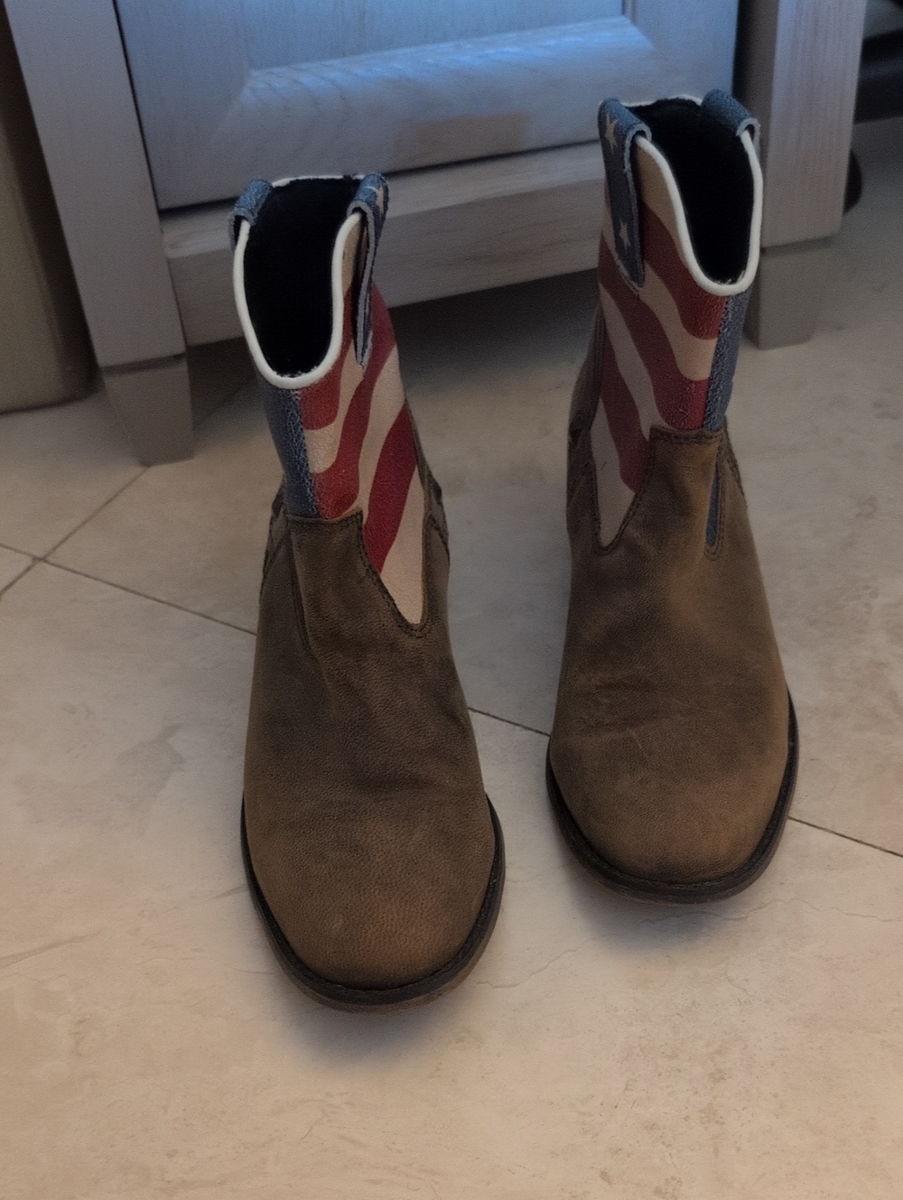 Womens Brown Leather Pull-On Cowbot Boots with Red, White & Blue Accent